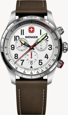 Wenger Terragraph 石英计时码表（43毫米），白色纹理表盘/棕色皮表带 01.0543.109
