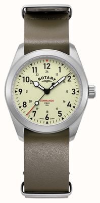Rotary Мужские часы rw 1895 Commando Field (37 мм) кремового циферблата/ремешок НАТО из кожи цвета хаки GS05535/31