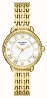 Kate Spade Dameslelielaan (34 mm) witte parelmoeren wijzerplaat / goudkleurige roestvrijstalen armband KSW1823