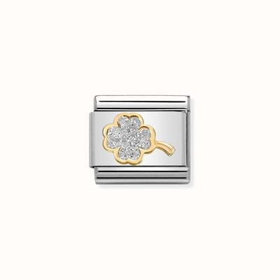 Nomination Composable Classic GLITTER SYMBOLS FOUR LEAF CLOVER in Steel with Enamel and Bonded Yellow Gold 030220/03