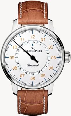 MeisterSinger Weißes Perigraph-Zifferblatt / braunes Lederarmband AM1001G