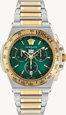 Versace Montre greca extreme chrono (45 mm) pour homme, cadran vert / bracelet en acier inoxydable bicolore VE7H00523