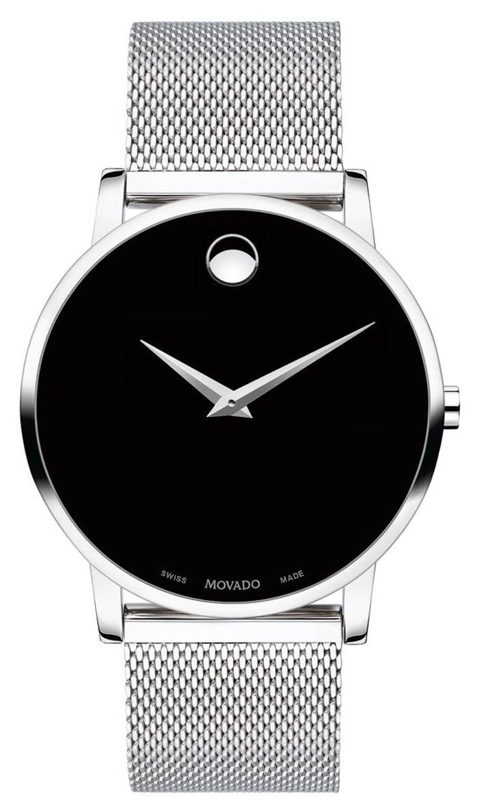 Movado Cadran noir bracelet en maille d'acier inoxydable mus montre