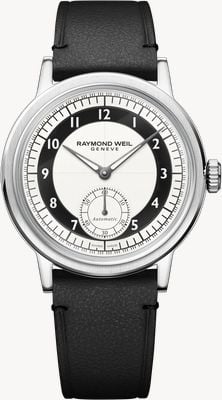 Raymond Weil Millesime automático con segundero pequeño (39 mm), esfera sectorial color crema tipo esmoquin / correa de piel de becerro negra 2930-STC-05642