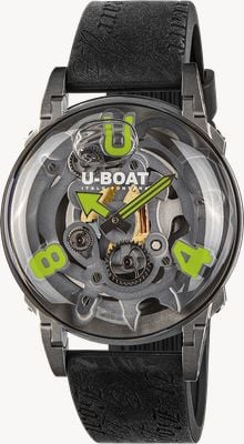U-Boat Quadrante scheletrato grigio U-65 ss verde (44 mm) / cinturino in silicone nero in stile vintage 3350