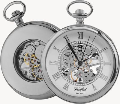 Woodford Reloj de bolsillo mecánico de cara abierta - esfera blanca / caja de acero inoxidable 1084