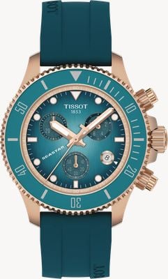 Tissot Seastar 1000 Quarz-Chronograph (38mm) mit bewertetem türkisfarbenem Zifferblatt / Uhr mit türkisfarbenem Silikonarmband T1202173704100