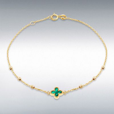 9ct Yellow Gold 8.5mm Malachite Clover DC Ball Bracelet 18cm/7"-1 9cm/7.5" 1.29.2242