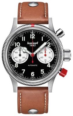 Hanhart Pioneer mk ii automatyczny chronograf (40 mm) tarcza odwrócona w stylu pandy / jasnobrązowy skórzany pasek z nitami - m 716.211-0210