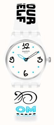 Swatch #bluefeather | pulseira de silicone com padrão branco | mostrador branco LW171