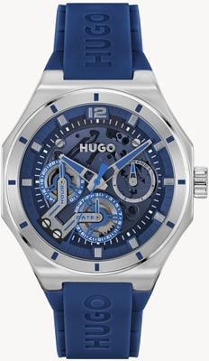 HUGO Montre homme #grail squelette (44 mm) cadran bleu / bracelet silicone bleu 1530375