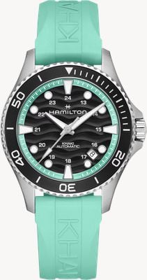 Hamilton Khaki-marineblaue Taucheruhr mit Automatikwerk (40 mm), schwarzem Wellenzifferblatt und türkisfarbenem Kautschukarmband H82415331