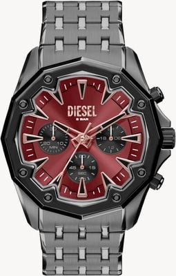 Diesel Stinger Quarz-Chronograph (46mm) Burgunderfarbenes Sonnenschliff-Zifferblatt / Gunmetal-PVD-Edelstahlarmband DZ4715