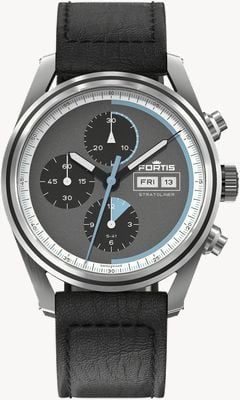 FORTIS Stratoliner S-41 Automatik-Fliegerarmband aus schwarzem Leder in Cosmic Grey (41 mm). F2340016