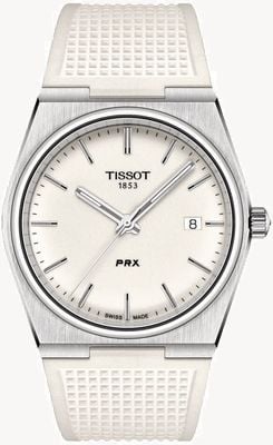 Tissot Prx Quarz (40 mm) weißes volllumineszierendes Zifferblatt / weißes Kautschukarmband T1374101701100