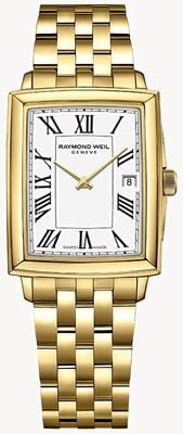 Raymond Weil Kwarc kwadratowy Toccata (22 mm) z białą tarczą / bransoletą ze stali nierdzewnej z powłoką PVD w kolorze złotym 5925-P-00300