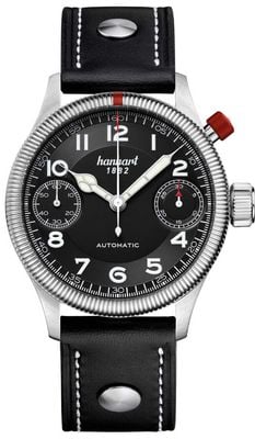 Hanhart Chronographe automatique Pioneer Monoscope (45 mm), cadran noir / bracelet en cuir noir - m 733.210-0010