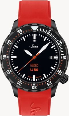 Sinn U50 Hydro S 5000m (41mm) zwarte wijzerplaat / rode siliconen band horloge 1051.020 RED SILICONE