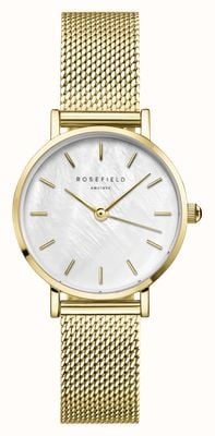 Rosefield Kleines Edit (26 mm) weißes Perlmuttzifferblatt / vergoldetes Edelstahl-Mesh-Armband SMGMG-S06
