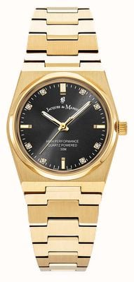 Jacques Du Manoir Montre Horizon à trois aiguilles en quartz cristal (31 mm), cadran noir soleillé / bracelet en acier inoxydable plaqué or PVD JWL03604