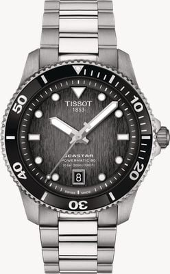 Tissot Seastar 1000 Powermatic 80 (40mm) grauschwarzes Zifferblatt / Armbanduhr mit Edelstahlarmband T1208071105100