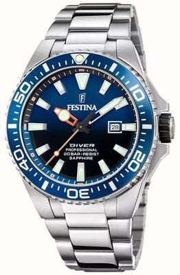 Festina Мужские дайверские часы (45,7 мм) с синим циферблатом и браслетом из нержавеющей стали F20663/1