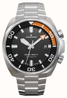 Junghans Relógio de mergulho automático Aquaris (46,9 mm) com mostrador cinza fosco, pulseira de aço inoxidável e pulseira de borracha laranja. 27/4668.44