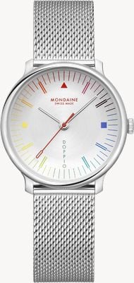 Mondaine Doppio, inspiriert vom Bauhaus (33 mm), silbernes Zifferblatt / Edelstahl-Mesh-Armband MLE.33112.SM