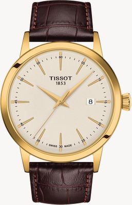 Tissot Relógio clássico Dream Quartz (42 mm) com mostrador marfim e pulseira de couro marrom. T1294103626100