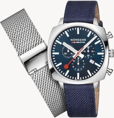 Mondaine Cronógrafo de almofada grande Sbb (41 mm) mostrador azul / conjunto de malha de aço têxtil azul MSL.41440.LD.SET