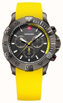 Wenger Seaforce Quarz-Chronograph (43 mm), schwarzes Zifferblatt / gelbes Silikonarmband 01.0643.129