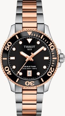 Tissot Seastar 1000 (36mm) schwarzes Zifferblatt / Armbanduhr mit zweifarbigem Edelstahlarmband T1202102205101