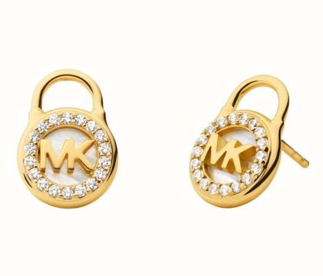 Michael Kors Lock Stud Earrings | Gold Plated Sterling Silver | Mother of Pearl |Crystal Set MKC1558AH710