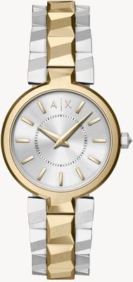 Armani Exchange Quarzuhr mit zwei Zeigern (34 mm), silbernes Zifferblatt mit Sonnenschliff / zweifarbiges Edelstahlarmband AX4406