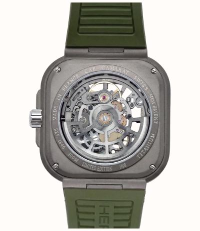 Herbelin Cap Camarat Square Titanium Automatic (40.5mm) Skeleton Dial / Khaki Green FKM Rubber Strap Watch 1846SQTDCK - vue alternative 5