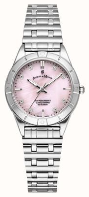 Jacques Du Manoir Leonie quartzhorloge met drie wijzers (29 mm) met roze parelmoeren wijzerplaat en roestvrijstalen armband. JWL05902