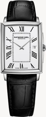 Raymond Weil Reloj cuadrado de cuarzo Toccata (29 mm), esfera blanca y correa de piel negra. 5425-STC-00300