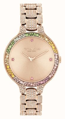 Coach Relógio feminino chelsea com mostrador em ouro rosa bisel de cristal arco-íris/pulseira de cristal em ouro rosa 14504166