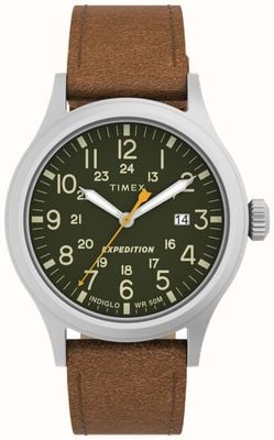 Timex Montre homme expédition scout cadran vert bracelet cuir marron TW4B23000