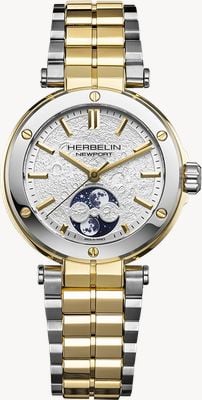 Herbelin Reloj Newport con fase lunar automático (35 mm), esfera plateada con diseño de "superficie lunar" y brazalete de acero inoxidable bicolor. 2879BT1N11