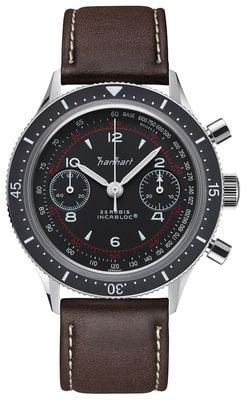 Hanhart 415 es pure (39 mm) schwarzes Zifferblatt / dunkelbraunes Lederarmband - m H703.215-8110