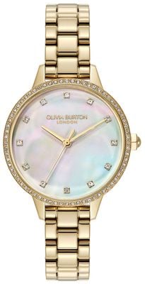 Olivia Burton Faszinierende Kristallquarzuhr (34 mm) mit Perlmuttzifferblatt und Edelstahlarmband 24000347