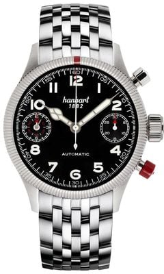 Hanhart Chronographe automatique Pioneer Twindicator (45 mm), cadran noir / bracelet en acier inoxydable 731.210-6428