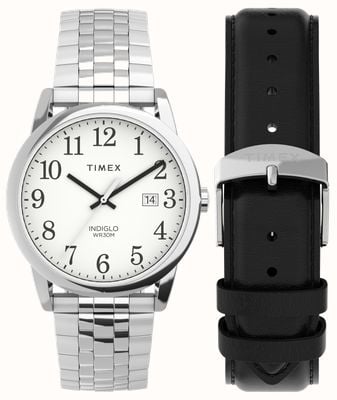 Timex Cofanetto da uomo Easy Reader (38 mm) quadrante bianco/set di cinturini in acciaio inossidabile e pelle nera TWG063200