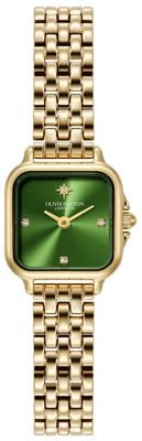 Olivia Burton Mini Grosvenor (20 mm), grünes Zifferblatt mit Sonnenschliff / goldfarbenes PVD-beschichtetes Edelstahlarmband 24000364