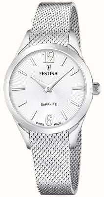 Festina Cristal de quartzo Grace fabricado na Suíça (32 mm), mostrador prateado com efeito raios de sol / pulseira de malha de aço inoxidável F20076/1