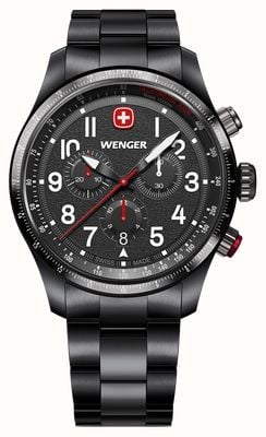 Wenger Cronógrafo de cuarzo Terragraph (43 mm) con esfera negra texturizada y brazalete de acero inoxidable con revestimiento PVD negro. 01.0543.117