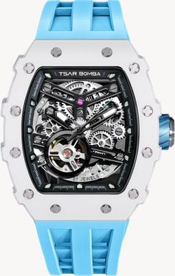 TSAR BOMBA Elemental Series Ceramic Automatic (43.5mm) Black Dial / Light Blue FKM Rubber Strap TB8208C-06