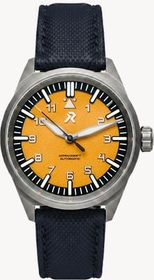 RZE Resolute Typ A Automatikwerk (39,5 mm) Medaillon-Zifferblatt in Gelb / Armband aus dunkelblauem Tectuff-Leder RES-TYPEA-MY