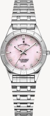 Jacques Du Manoir Leonie Quarzuhr mit drei Zeigern (29 mm), rosa Perlmuttzifferblatt / Edelstahlarmband JWL05902
